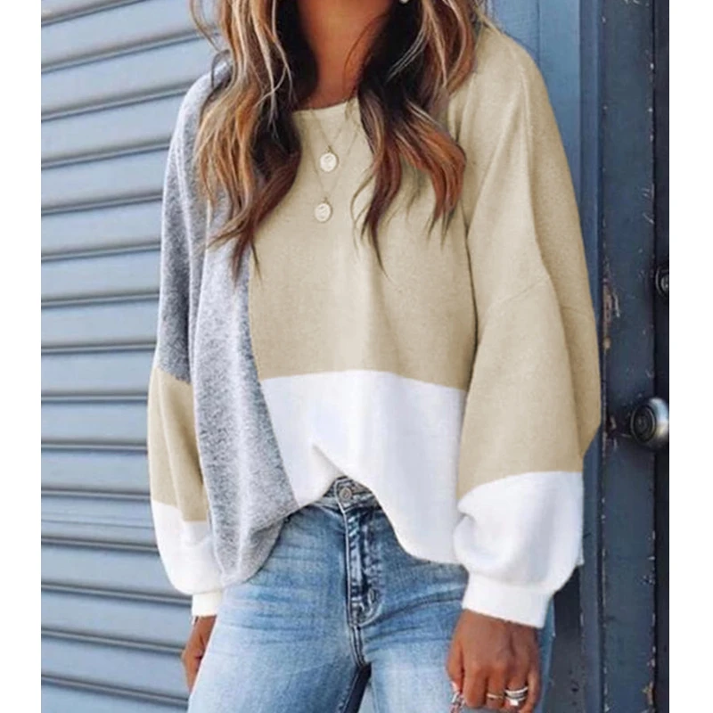 

Wepbel Loose Casual Sweatshirts Tops Streetwear Women Patchwork Sweatshirts Long Sleeve O-neck Loose Pullover Top Autumn