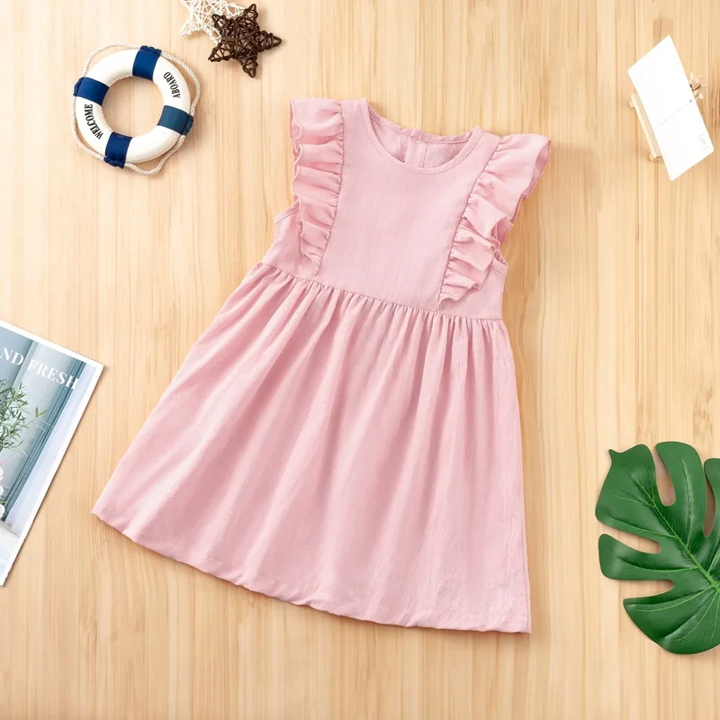 

Sweet Pink Kids Girls Dress Solid Summer Girl Ruffle Sleeve Princess Clothes Outfit 3 4 5 6 7 Years
