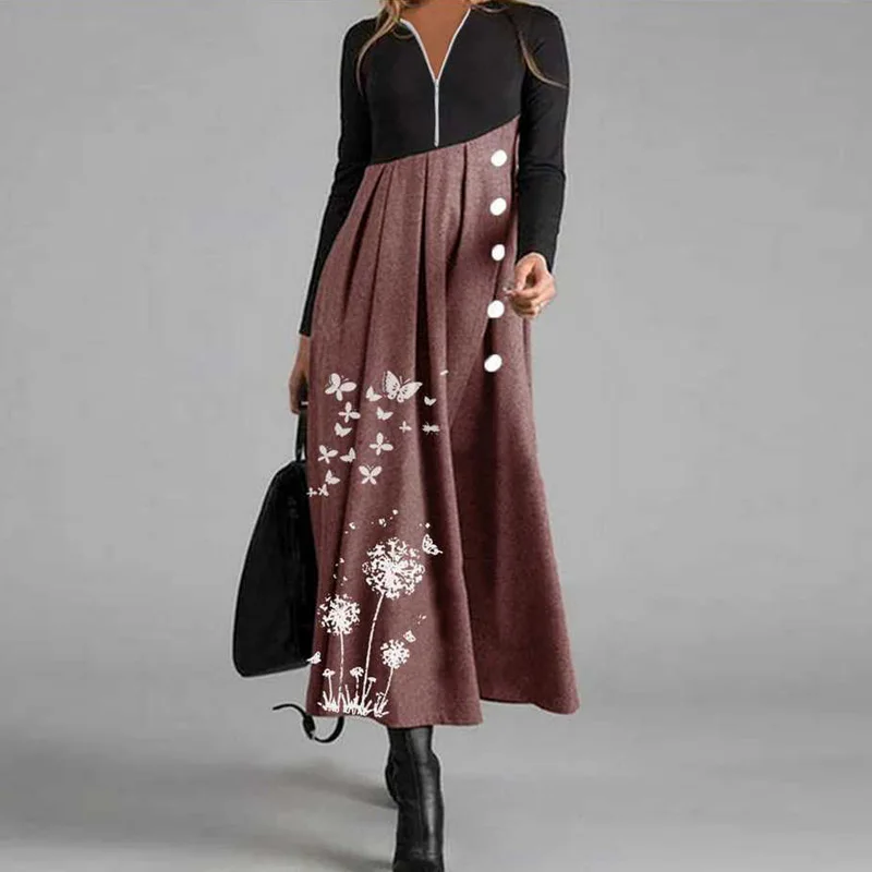 

Autumn Floral Print Patchwork Long Party Dress Women Elegant O Neck Slim Women Dress 2020 Vintage Long Sleeve Female Dress
