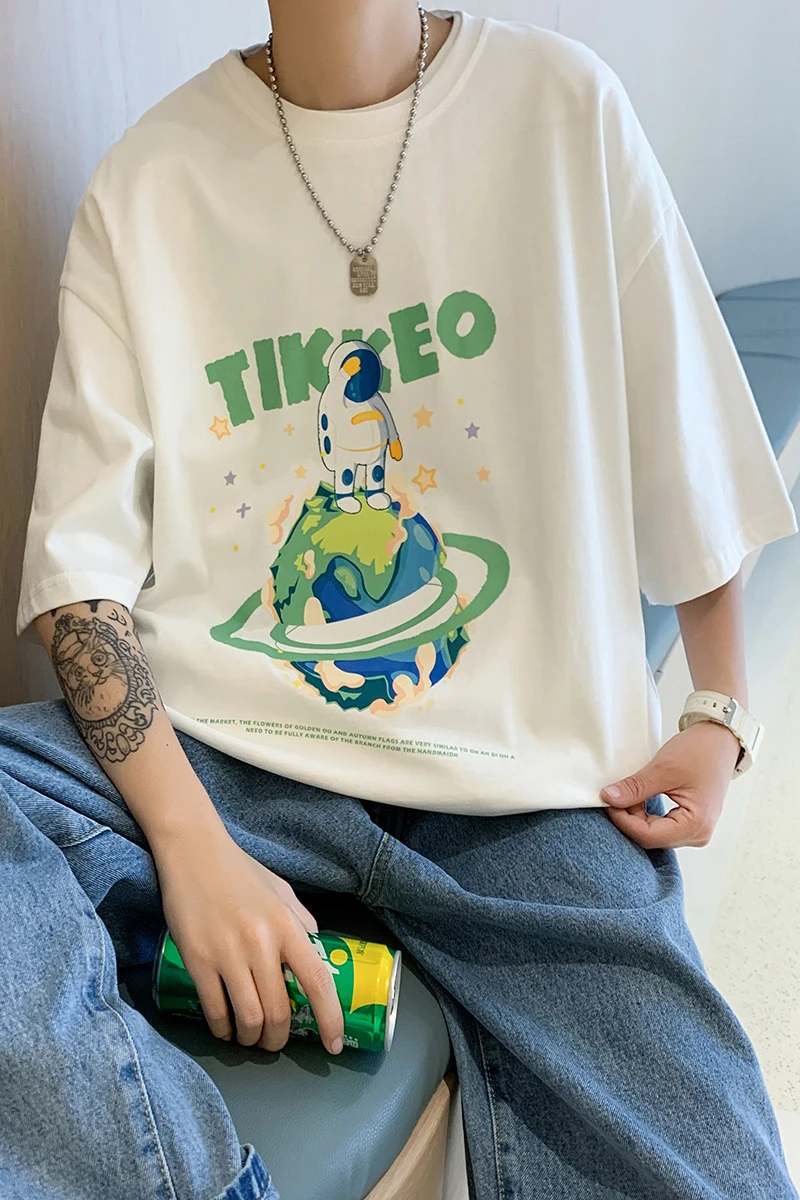 

Short-Sleeved T-shirt Men's Summer Hong Kong Style Trendy Astronaut Cartoon Print Loose Casual T-shirt