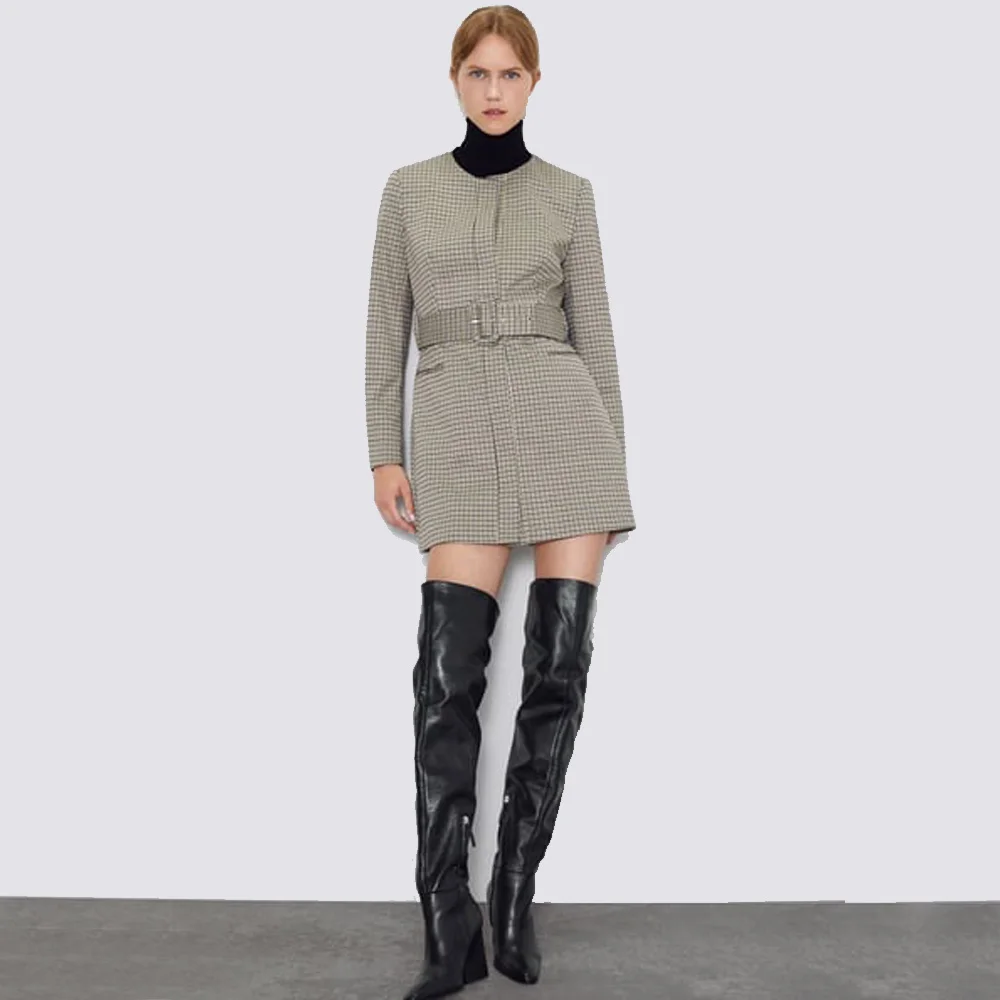 ZA 2019 Осень Зима Новое серое платье с твидовым узором Европейская американская