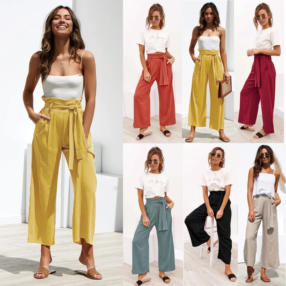 

Linen women high waist wide leg pants summer loose trousers stacked sweatpants