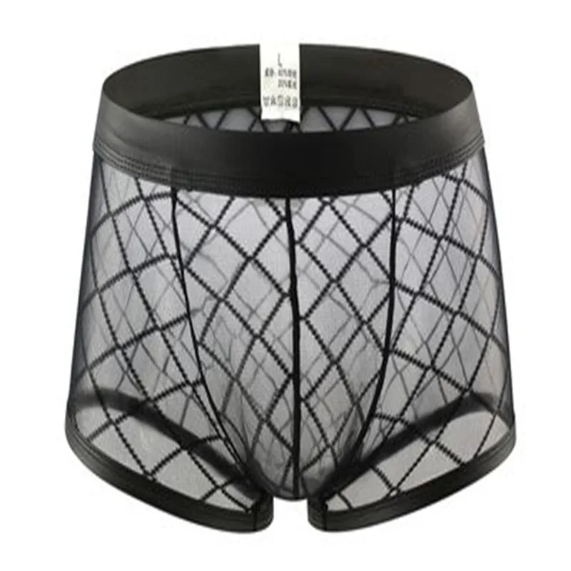 

Sexy Breathable Thin Boxer Black Men Mesh Transparent See Through U-Convex Underwear Lingerie Gay Wear Pants