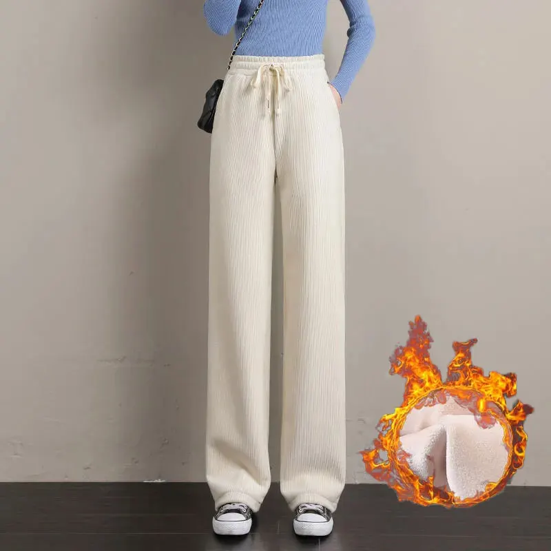 

Winter Velvet Lining Wide Leg Pants High Waist Knitted Pants Women Casual Loose Beige Stretch Sweatpants Korean Fleece Trousers