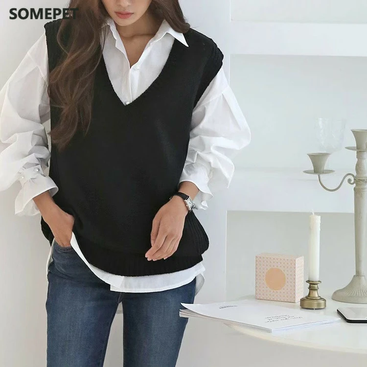 

2020 New Autumn Winter Women Sweaters V-Neck Pullover Sleeveless Vest Knitted Oversize Elegant Wild Knitwear