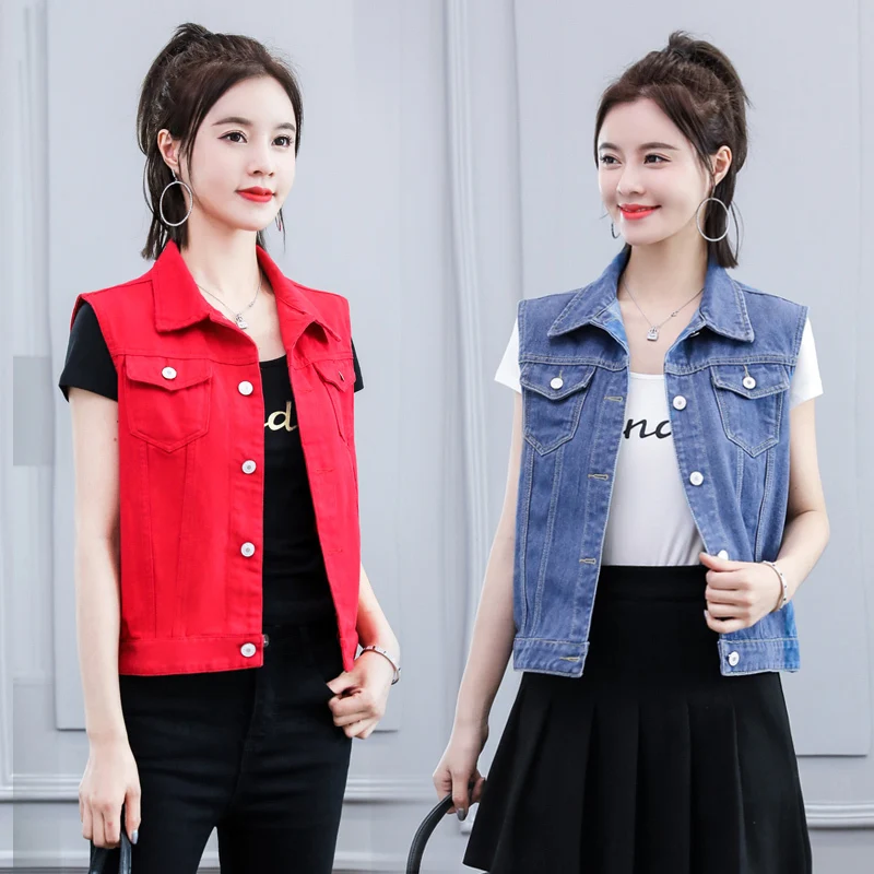 

Korean Sleeveless Denim Jacket Spriing Autumn Female Short Jeans Vest Red Denim Vest Coat Women Vest
