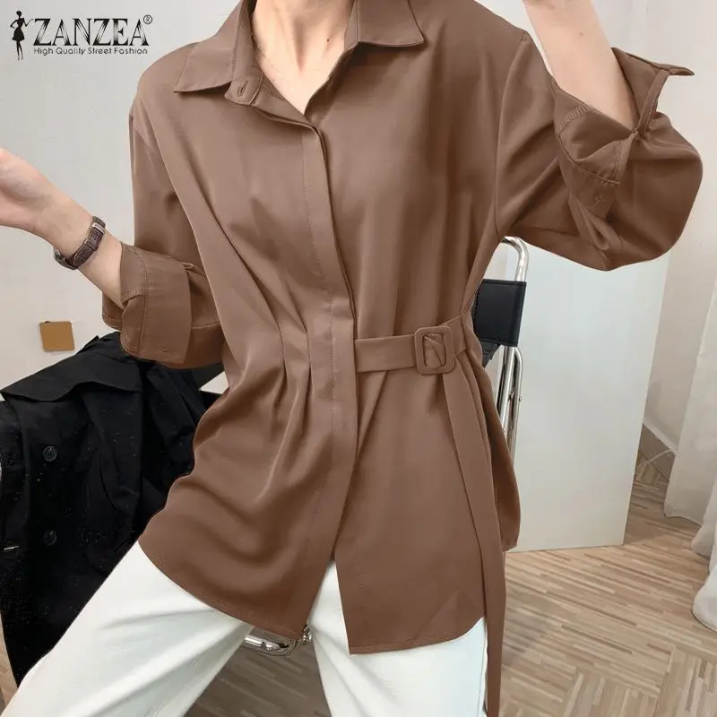 

Fashion Women Lapel Neck Belted Blouse OL Ladies Solid Shirt ZANZEA Elegant Long Sleeve Work Blusas Casual Buttons Tops Chemise