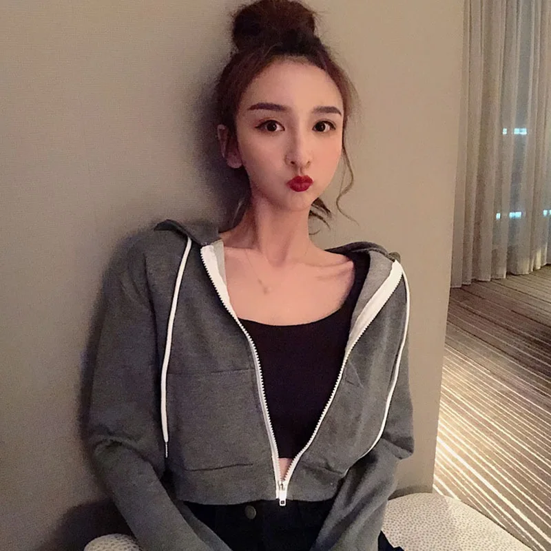 

Women' s Zipper Short Hoodies New Korean Style Fashion All-match Casual Solid Color Hooded Thin Tops Women