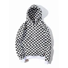 Мужские повседневные толстовки, Свитшот оверсайз с длинным рукавом, уличная одежда в стиле Харадзюку, мужской свободный черный и белый пуловер в клетку, флисовый пуловер с капюшоном