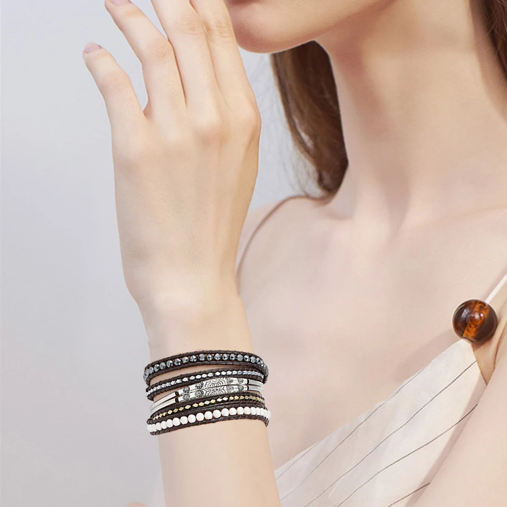 

Plumiss Hematite Wrap Bracelet Natural Stone Plated Color Women's Bracelets Ethnic Design Stainless Steel Tube Handmade Jewelry