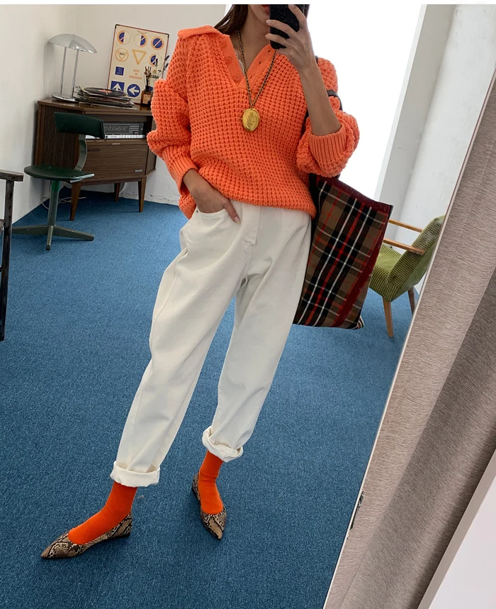 CHEERART пуловер свитер женский поло шеи джемпер свободный белый вафельный вязаный