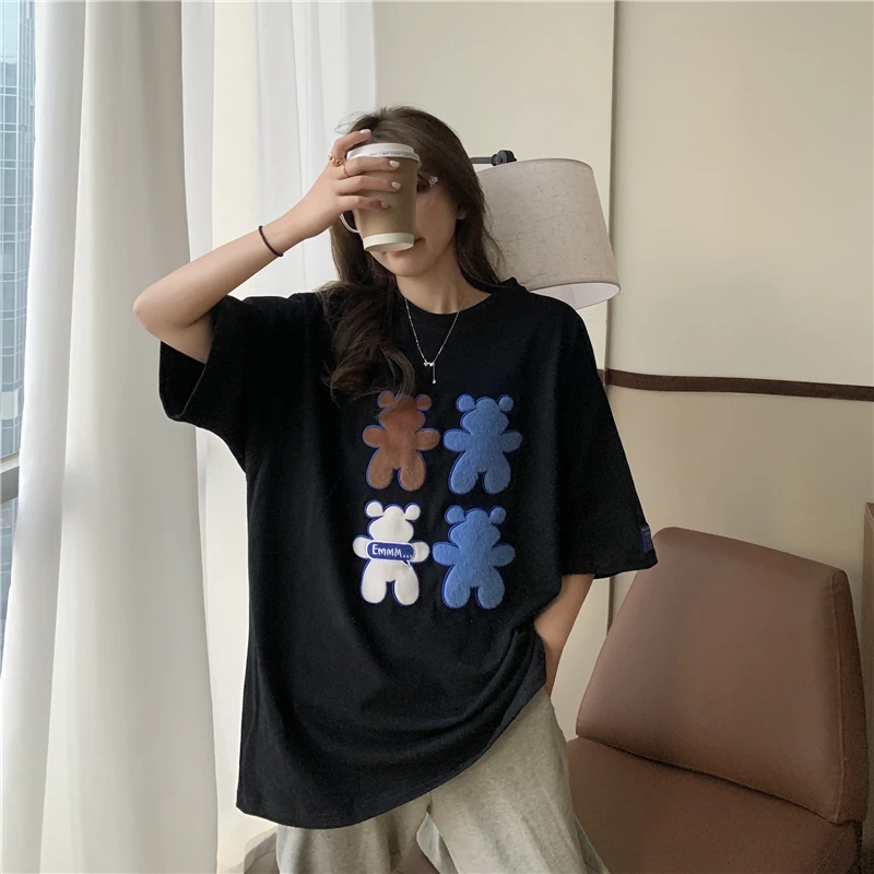 

3149 2021 new loose white blouse cute bear design short-sleeved T-shirt
