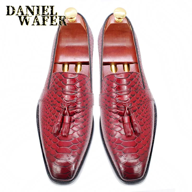 Fashion Men's Shoes Slip On Snake Prints Tassel Loafers Casual Dress Office Business Wedding Genuinely Leather Men | Обувь