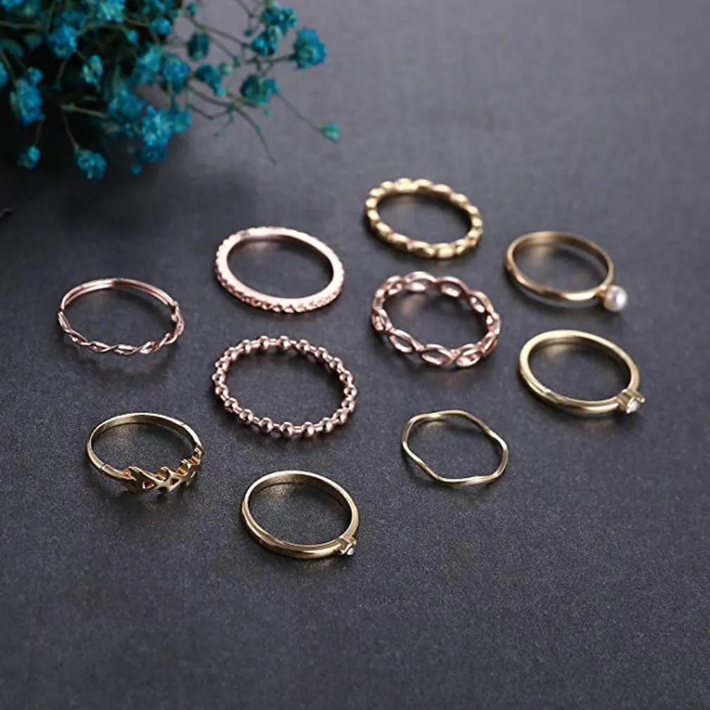 Wave Hollow Arrow Gear Pearl Ring 10 Piece Suit Professional Fashion Romantic Small Fresh Long-Lasting Use Durable | Украшения и