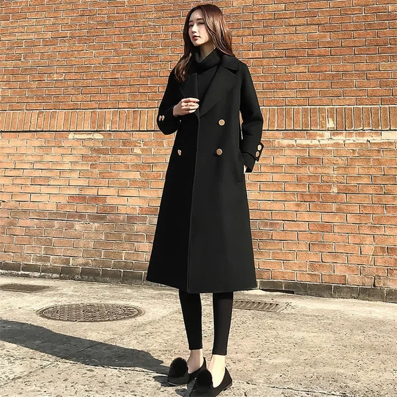 

Female Winter Jacket 2021 Women's Thin Black Coat Long Oover-the-Knee Woolen Coat Women's Loose Thin Woolen Coat Hepburn Style74