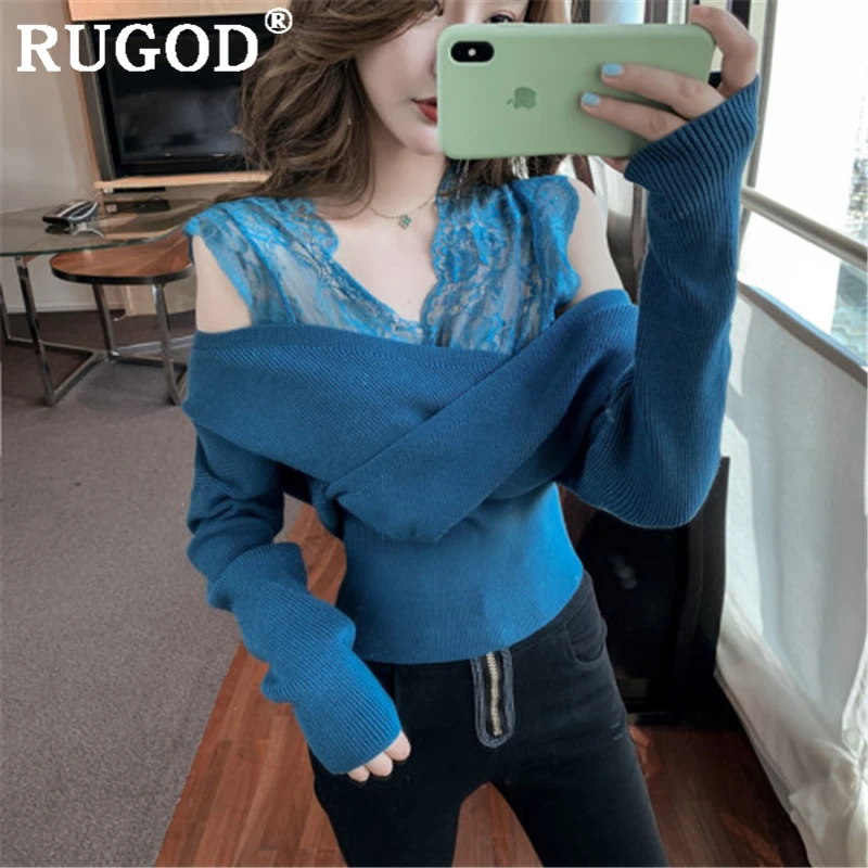 RUGOD Elegang office ladies knitted sweater Fashion lace patchwork V neck criss-cross pullovers female Korean casual solid tops | Женская