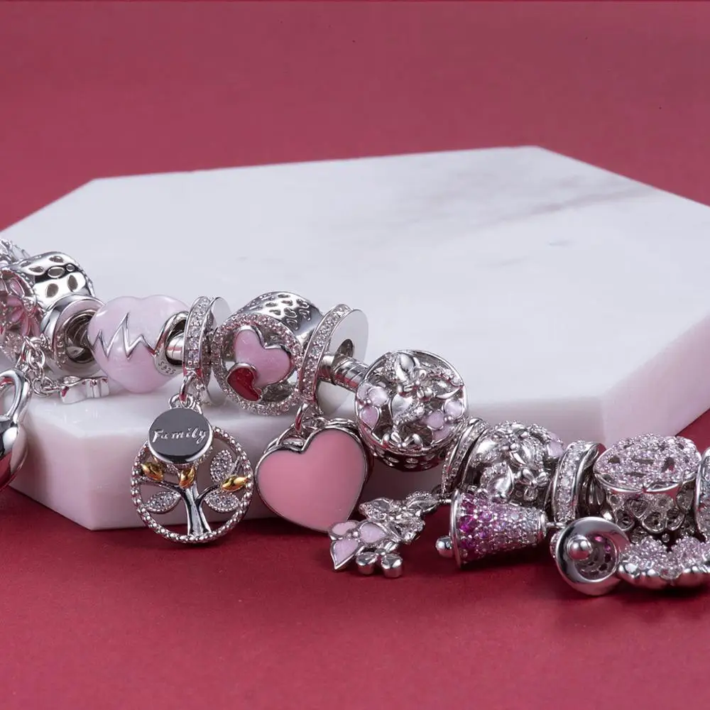 Подвеска для браслета DDBJ078 в виде розовой искусственной серебряной тропической