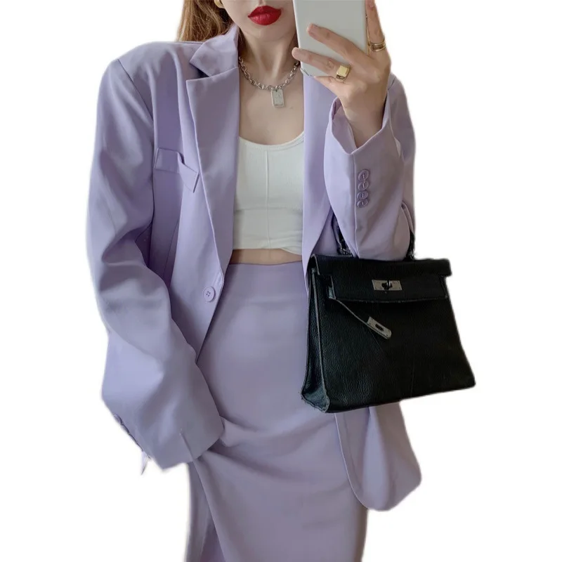 

2021 Casual Office Lady Purple Blazer Women Oversized Autumn Spring Blazer Female Vintage Double Breasted Jacket Plus Size