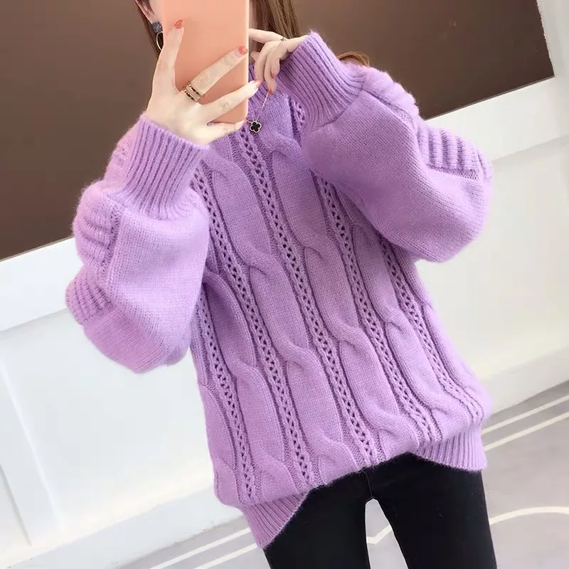 2019 Autumn Winter Women Knitted Sweaters Pullovers Turtleneck Long Sleeve Solid Color Female Loose Lantern Sweater | Женская одежда