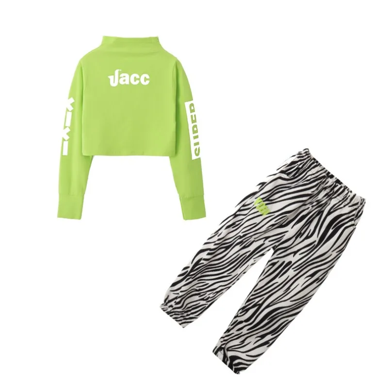 

Girls Jazz Dance Costumes Long Sleeve Sweatshirt Green Short Tops Kids Hip-Hop Costume Modern Street Danc Stage Clothing DQL4683