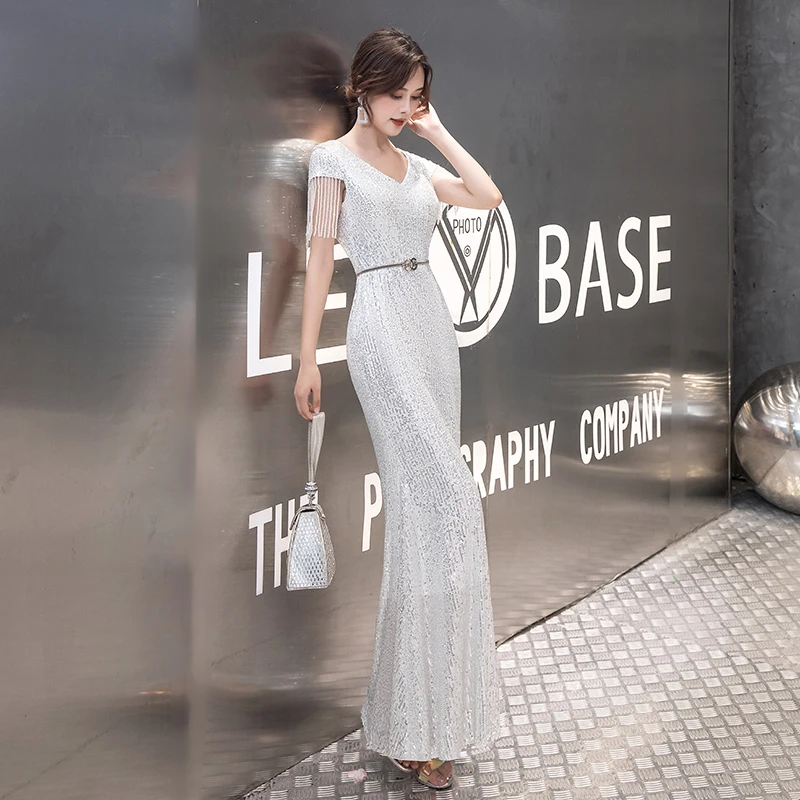 It's YiiYa Eveing Gowns V-Neck Sequined Short Sleeve Evening Dresses for Women Tassel Floor-Length Plus Size Robe De Soiree K049 | Свадьбы