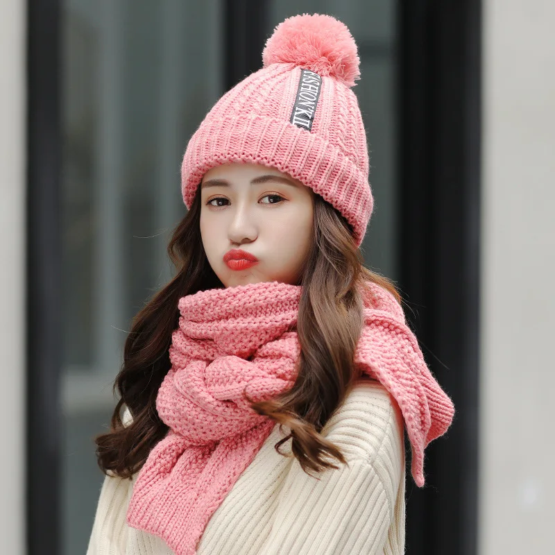 

2-piece Set Of Women Winter Knitted Beanie Hat Fashion All-match Woolen Yarn Plus Velvet Warm Knitted Scarf Cap Set Women Scarf