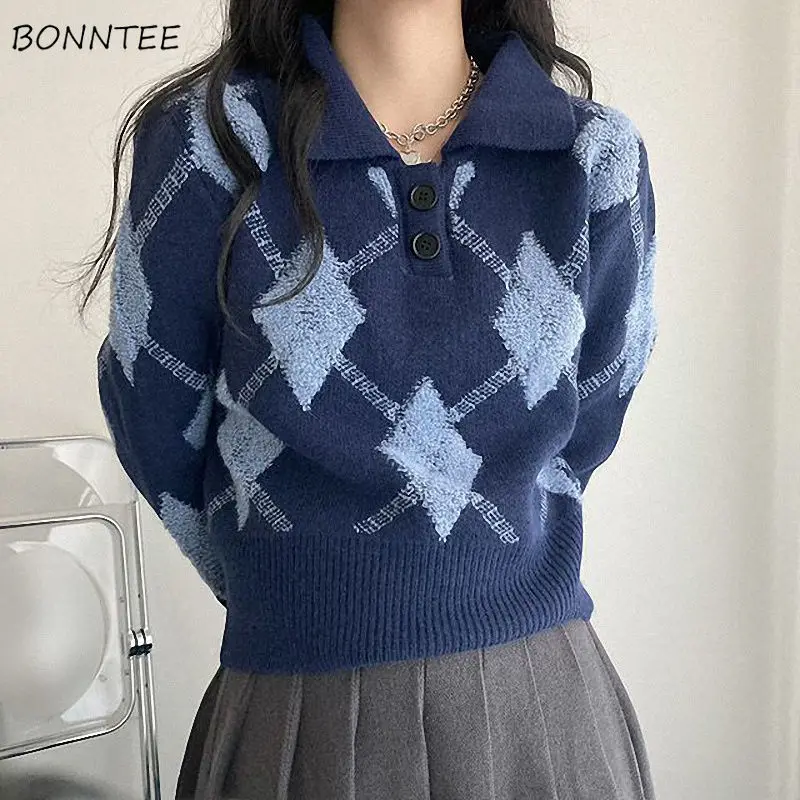

Пуловер женский с отложным воротником, винтажный Универсальный Стройный Эластичный Уютный свитер в американском стиле с узором ромбиками ...