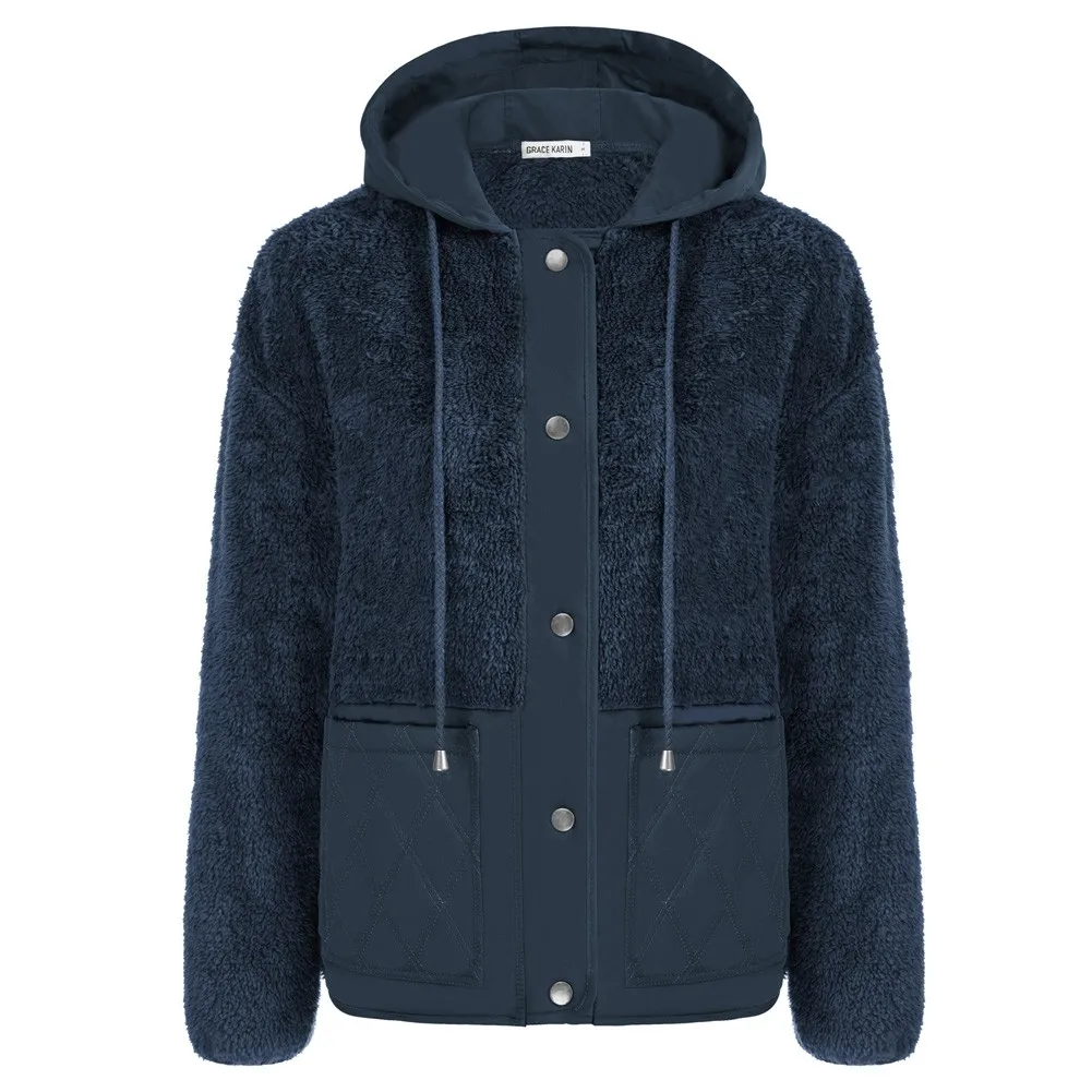 

Women Fleece Jacket Long Sleeve Dropped Shoulder Button-up Hooded Coat Long-sleeved Hooded Plush Coat Hooded Rope And Cotton