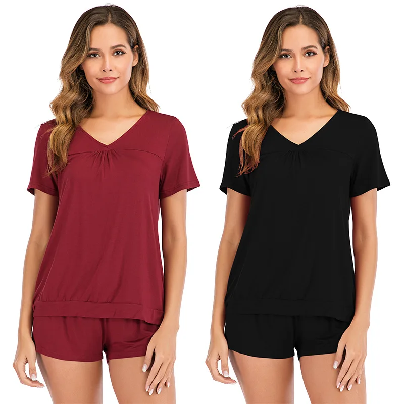 pijamas women Summer Short Sleeved Casual Leisure Tops V-neck Cotton Modal Pajamas Set  kigurumi pajamas