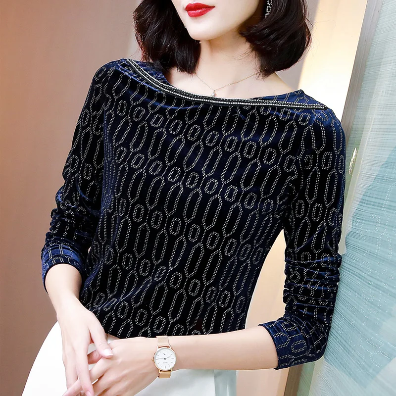 

2021 Slim fashion plus size t shirt women tops elegant tshirt Gold velvet long sleeve shirt women tops