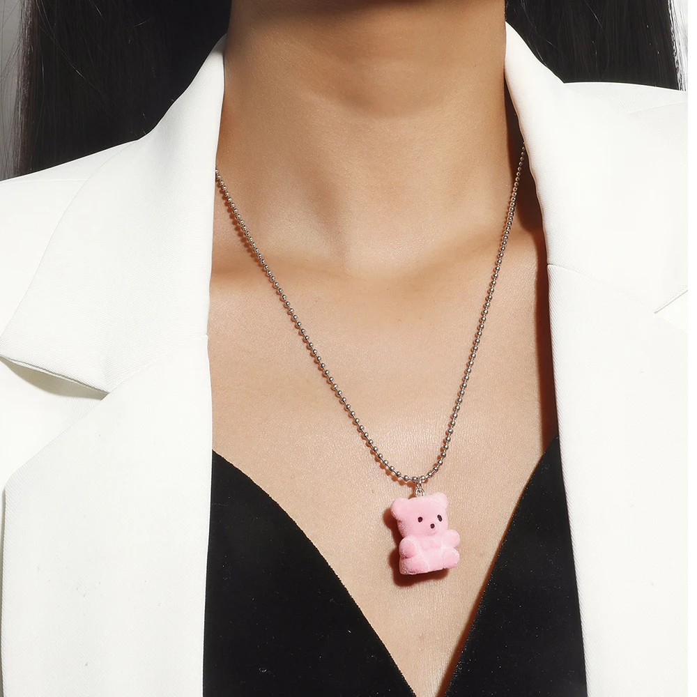 

New Arrivals Handmade Rainbow Color Cute Suede Bear Necklaces for Women Girls Pendant Necklaces Accessories Daily Jewelry Gifts