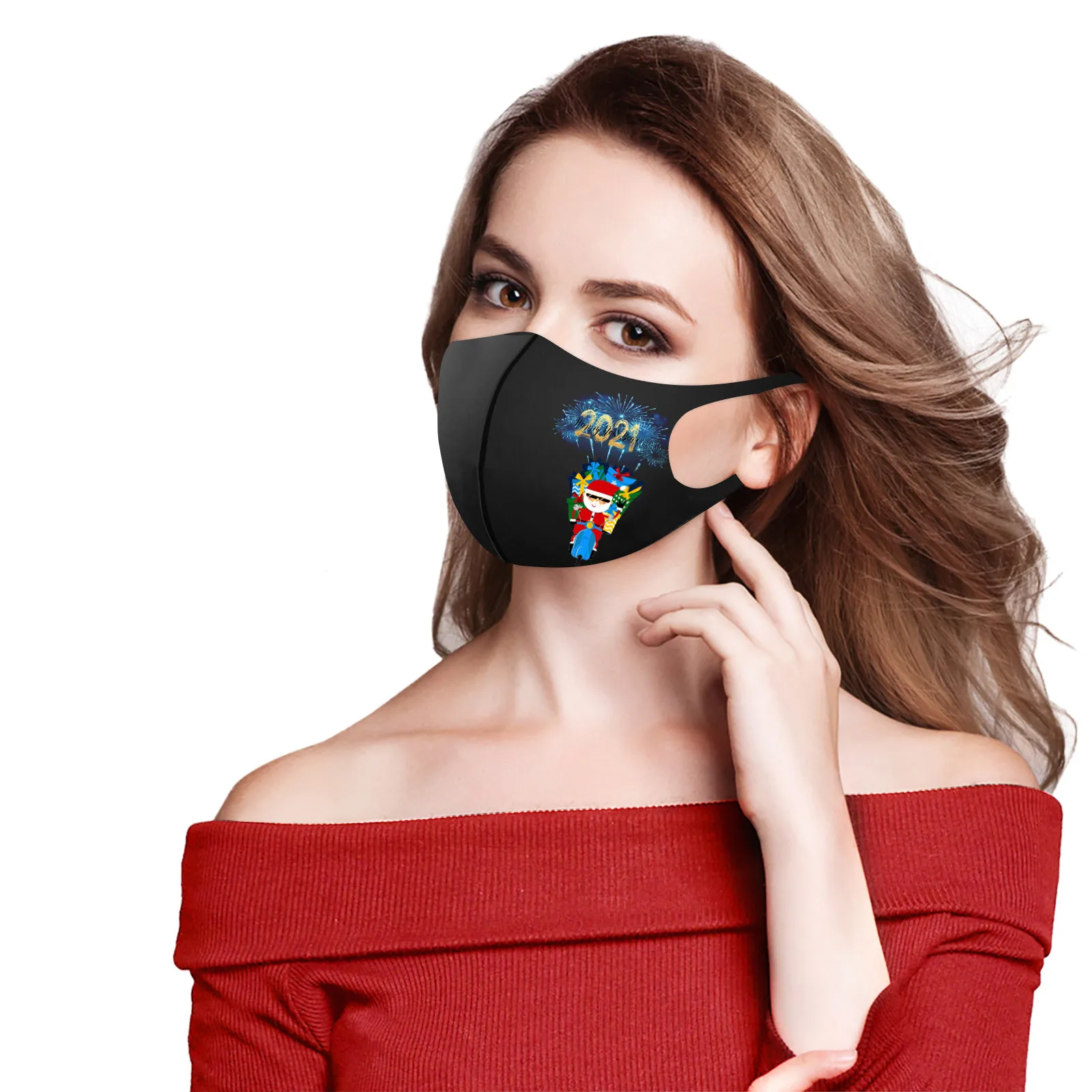 

5PC 2021 Happy New Year Print Ice Silk Cycling Mask Adult Washable Reusable Mouth Mask Outdoor Riding Dustproof Windproof Mask