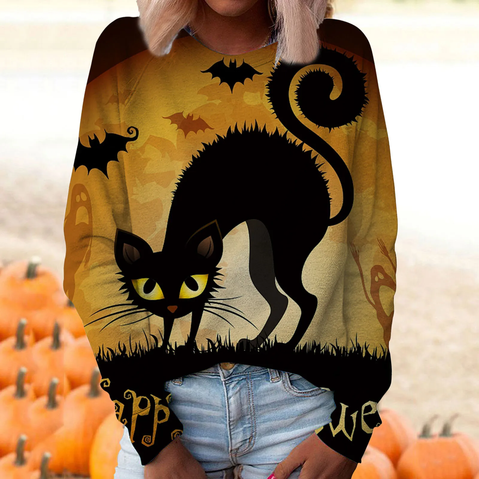 

Women's Casual Round Neck Long Sleeve Halloween Hoodie Print Blouse Pullover Tops Shirt Black Style Hoodies Masculino