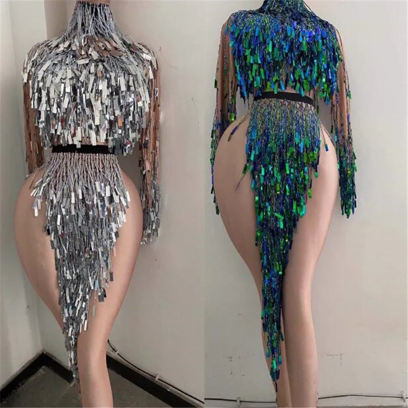 

New Sexy Tassel Sequins Dancer Stage Top + Skirt Set Party Backless High Slit Singer Outfit Club Showgirl Performance Costumes