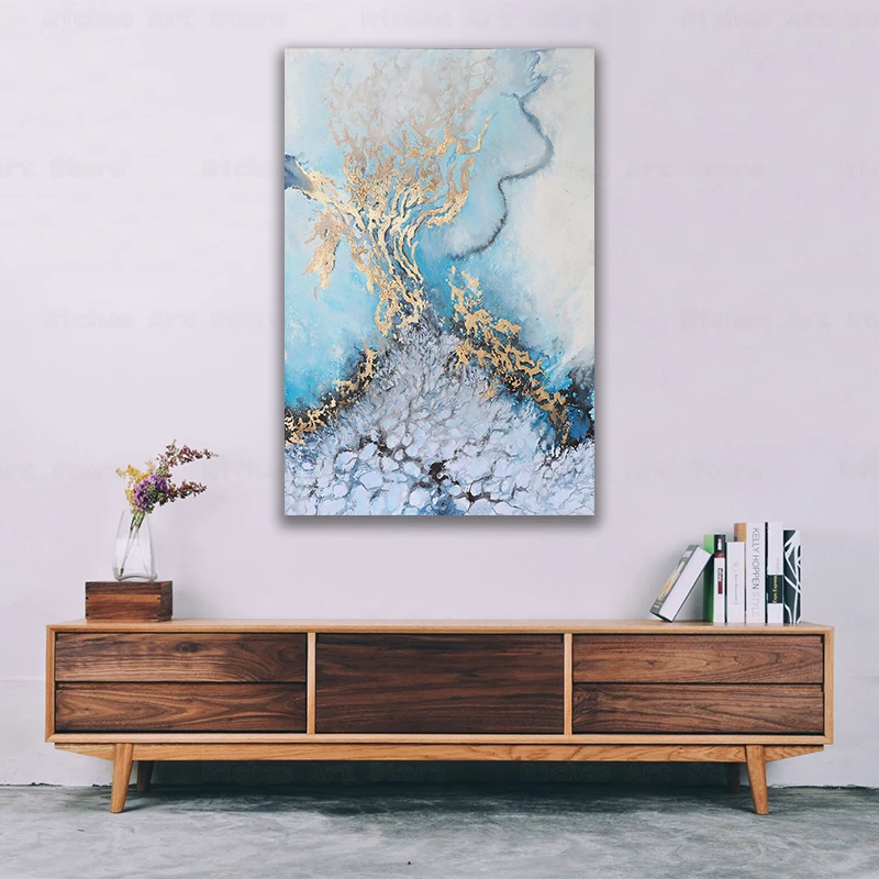 

Golden Blue Ocean Abstract Wall Art Picture River Fluid Canvas Painting Posters and Prints Living Room Wall Art Pictures Tableau