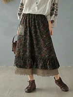 free shipping 2021 new long mid calf skirts women elastic waist spring and summer linen cotton skirt print flower lace pocket