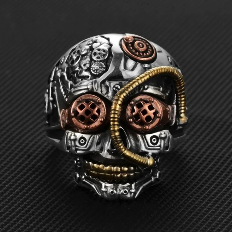 

New Vintage Two-tone Gothic Skeleton Rings for Men Steampunk Robot Skull Biker Hiphop Rock Jewelry Creative Ring Gifts
