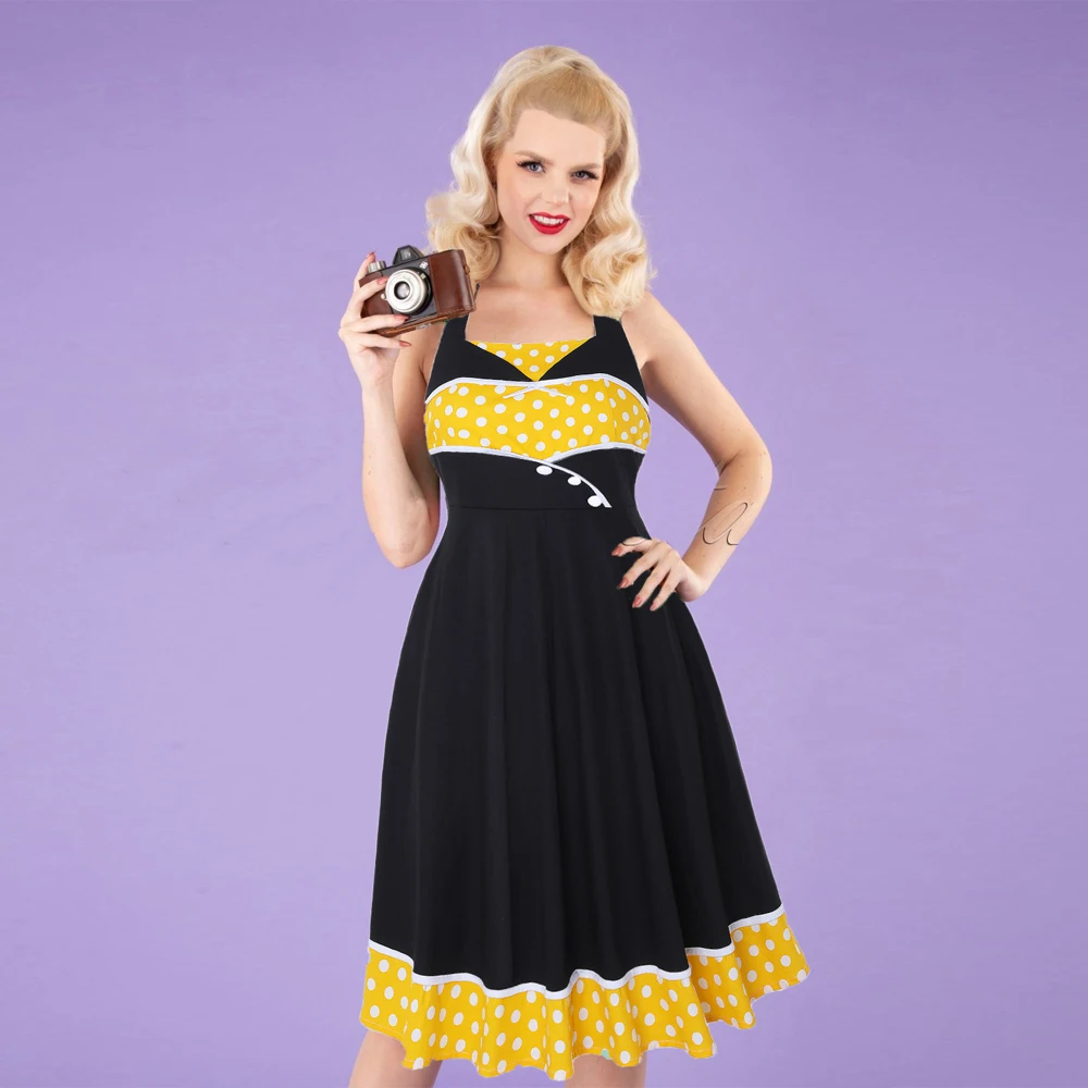 Женское винтажное платье в горошек на пуговицах с открытой спиной | Женская