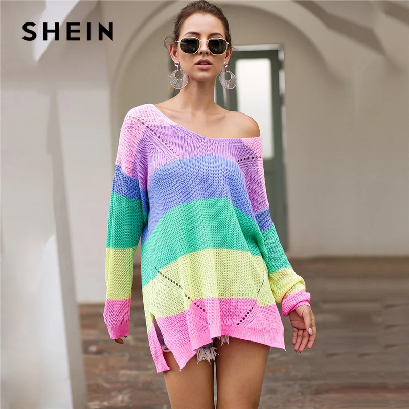 SHEIN Радуга Полосатый Падение плеча Длинный свитер женские топы осень уличная одежда с длинным рукавом V шеи негабаритных Сплит свитера