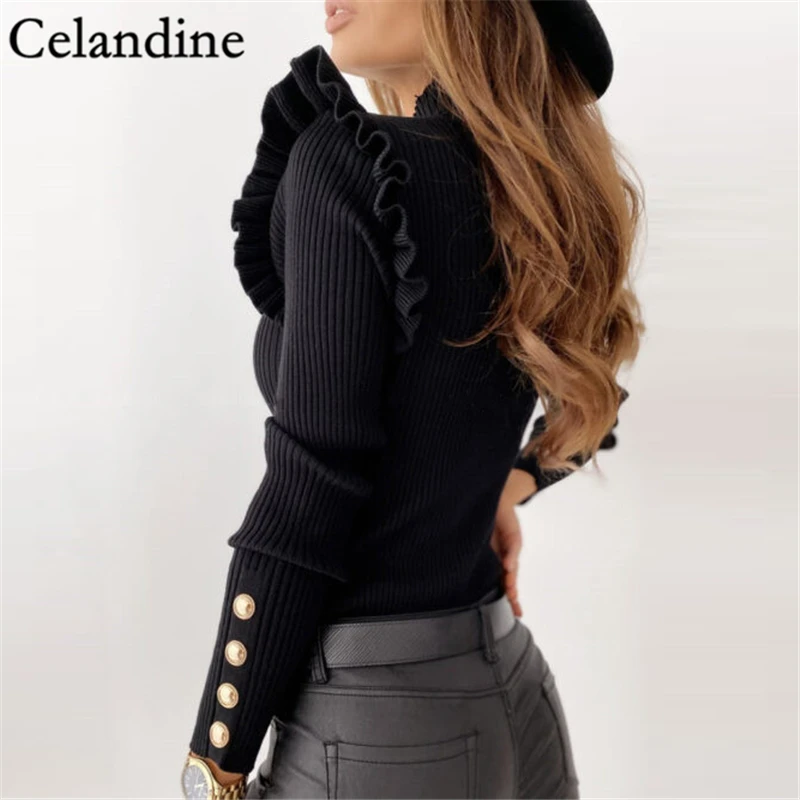 

Celandine Black White Ruffles Long Sleeve Knitted Sweater Women Casual Ribbed Pullover Buttons Slim Jumper Ladies Autumn Winter