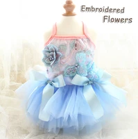 free shipping handmade unique dog dress pet clothes blue sea embroidery flowers voluminous tulle gown princess cat yorkie