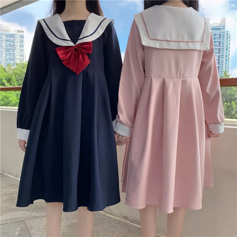 

Japanese Autumn Preppy Style Sweet Pleated Dress Vintage Sailor Collar Bow Full Sleeve Dress Kawaii First Love JK Sailor Dresses
