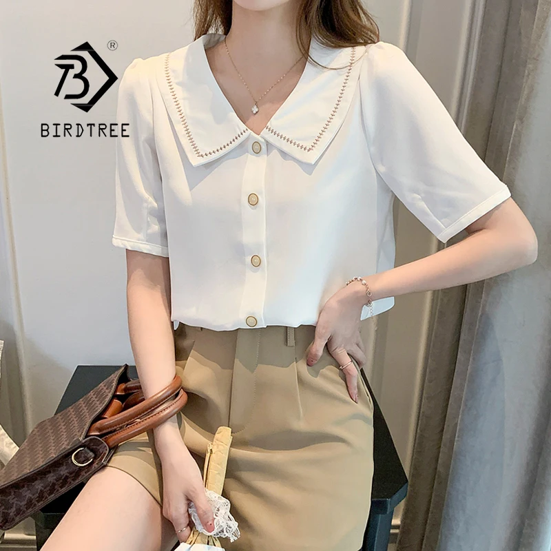

Summer Women's HK Style Vintage Solid Chiffon Shirts Lady Turn-down Collar Short Sleeve All-match Elegant Button Tops T15941X