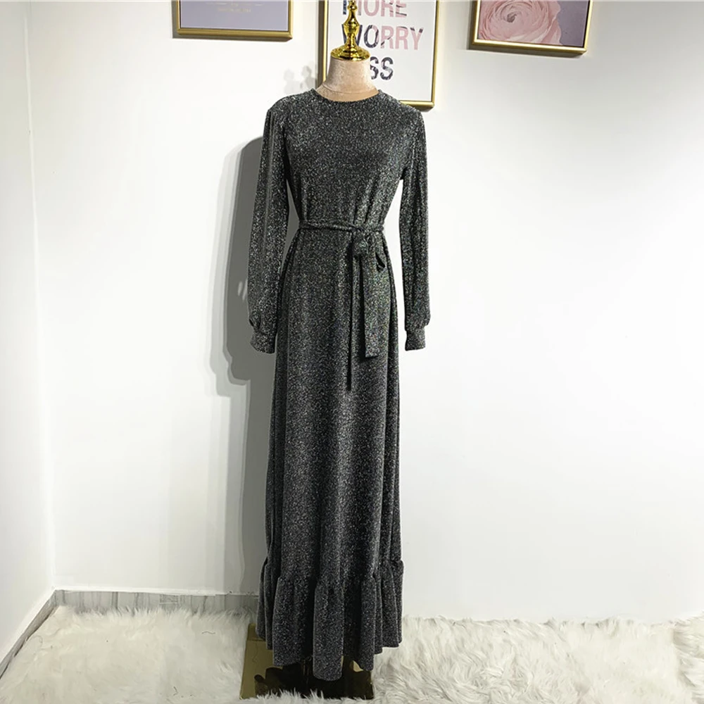 

No Hijab Dubai Abaya Muslim Fashion Women Caftan Marocain Long Sleeve Evening Gown Elastic Ruffle Robes Turkey Islam Clothing