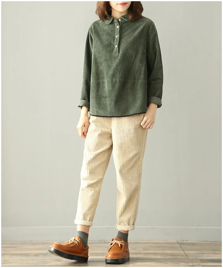 Autumn Winter Women Corduroy Shirts Button Peter Pan Collar Long Sleeve All-Match Solid Color Tops Blouses Female Sleeved | Женская