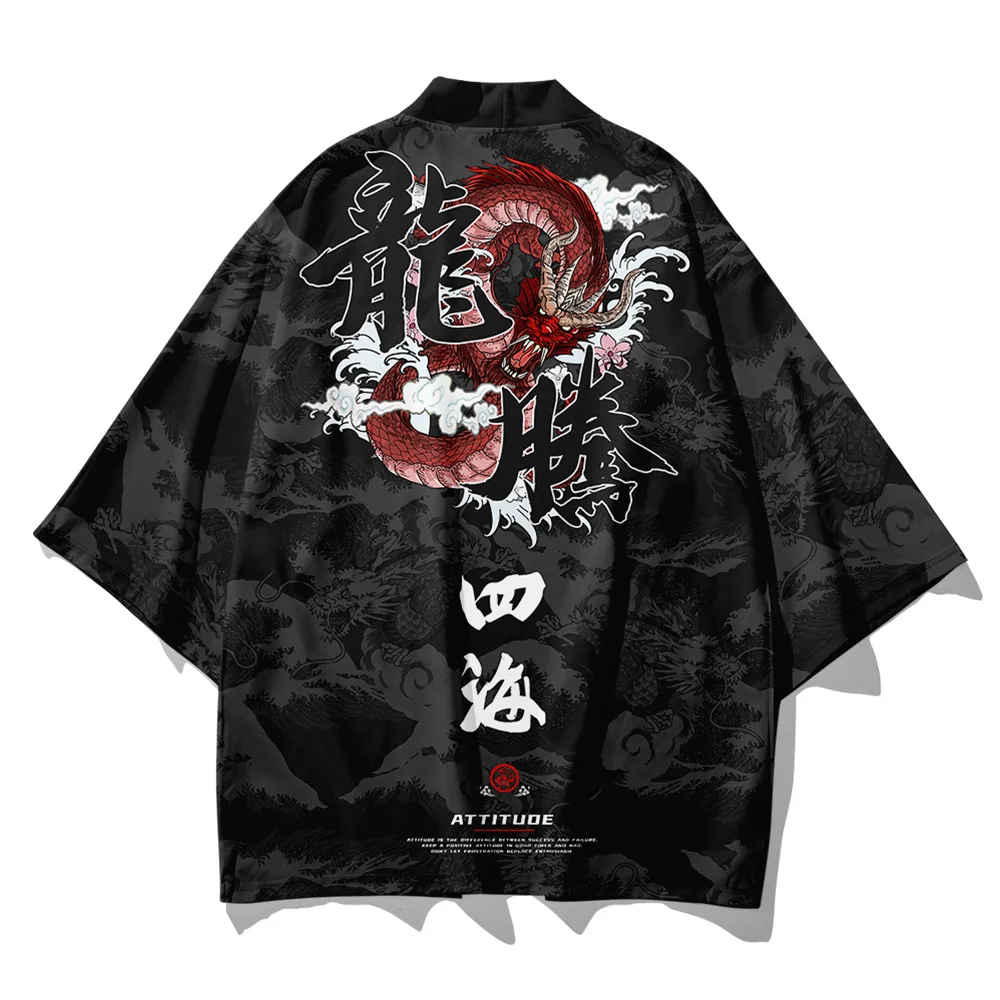 Men Japanese Kimono Male Cardigan Harajuku Black Dragon Print Streetwear Pant Suit Samurai Costume Yukata Hip-pop Haori Obi |