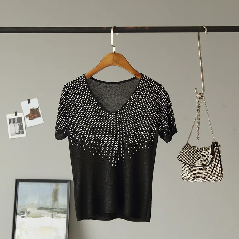 

Top Sequined Glitter Female Top V-Neck Women Sexy T-shirt