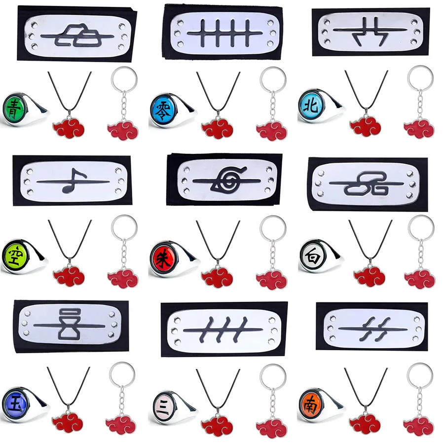 4PCS/SET Naruto Akatsuki Rings Headbands necklace Keychain Anime Figure Itachi Cosplay Props Action Accessories Kid Boy Toy Gift