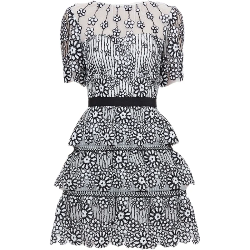 

High Quality Self Portrait Dress Pleated Lace Luxury Embroidery Florals Female Retro Slim Sequins O-neck Dresses Elegant Vestido