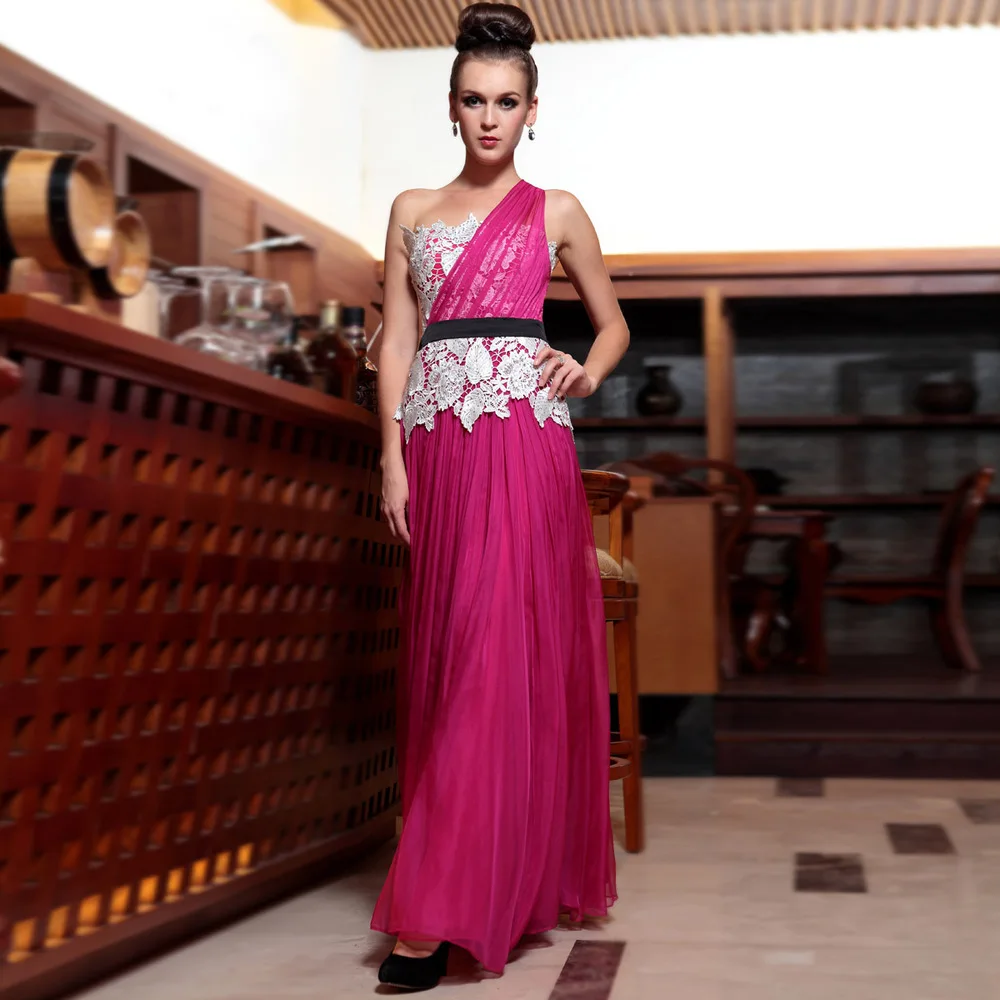 

free shipping 2014 new hot seller custom One shoulder buddhistan quality formal lace appliques elegant red evening gown hot pink